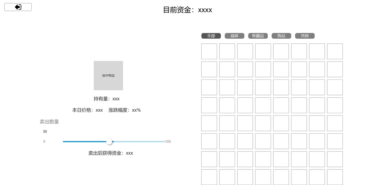 仓库交易界面显示物品持有量、当日价格、涨跌幅度和出售数量