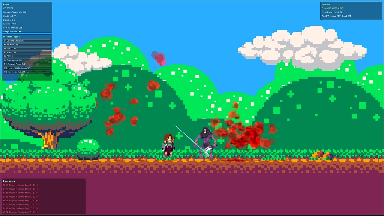 玩家与敌人交锋时触发斩击、血液、命中停顿与镜头反馈的 Unity 实机画面