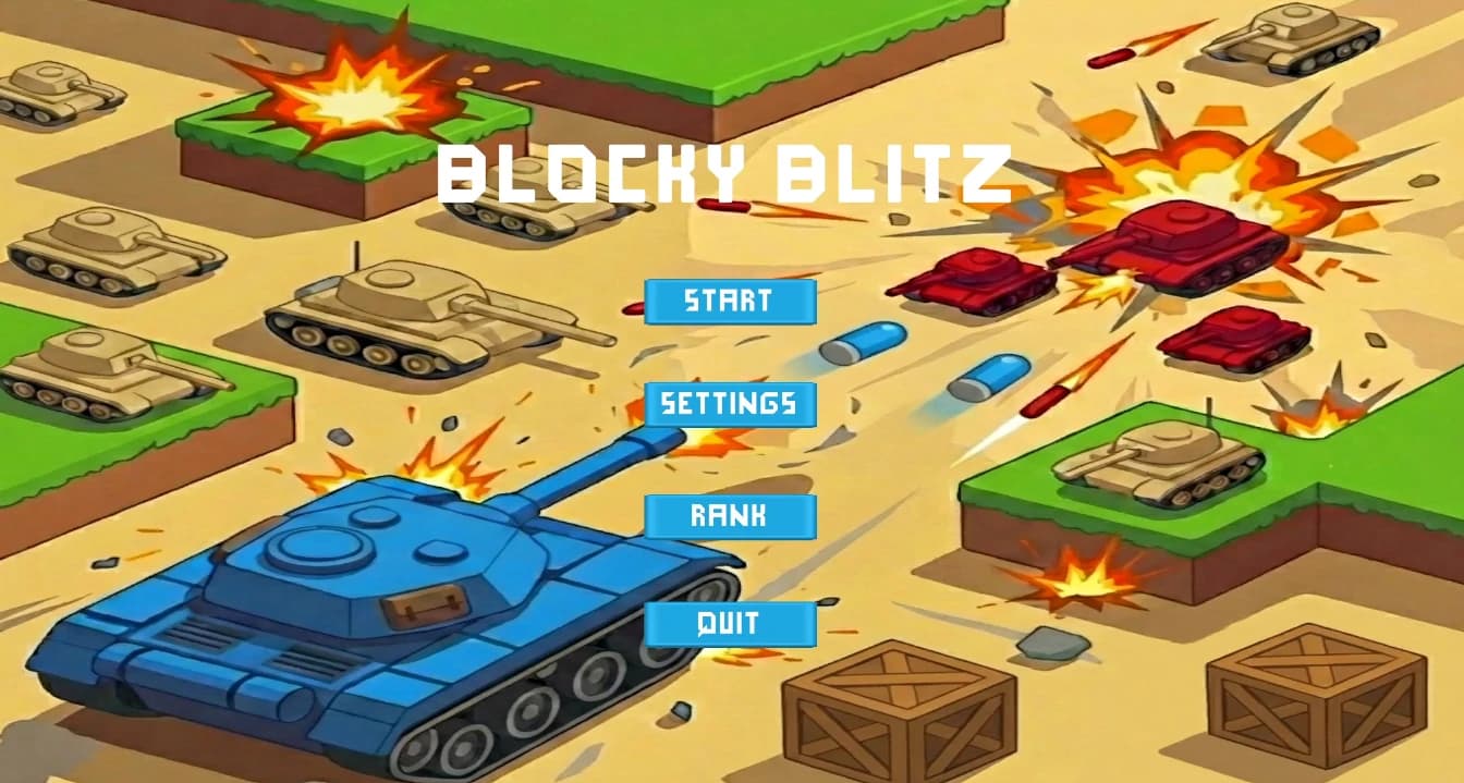 Blocky Blitz 主菜单提供开始游戏、设置、排行榜和退出入口